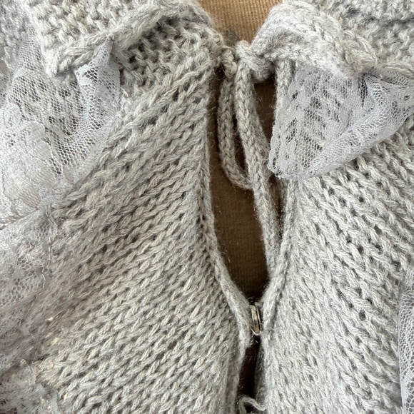 Y2K Coquette Grey Knit Lace Cardigan – Balletcore Fairy Grunge Tie Front - Picture 7 of 12
